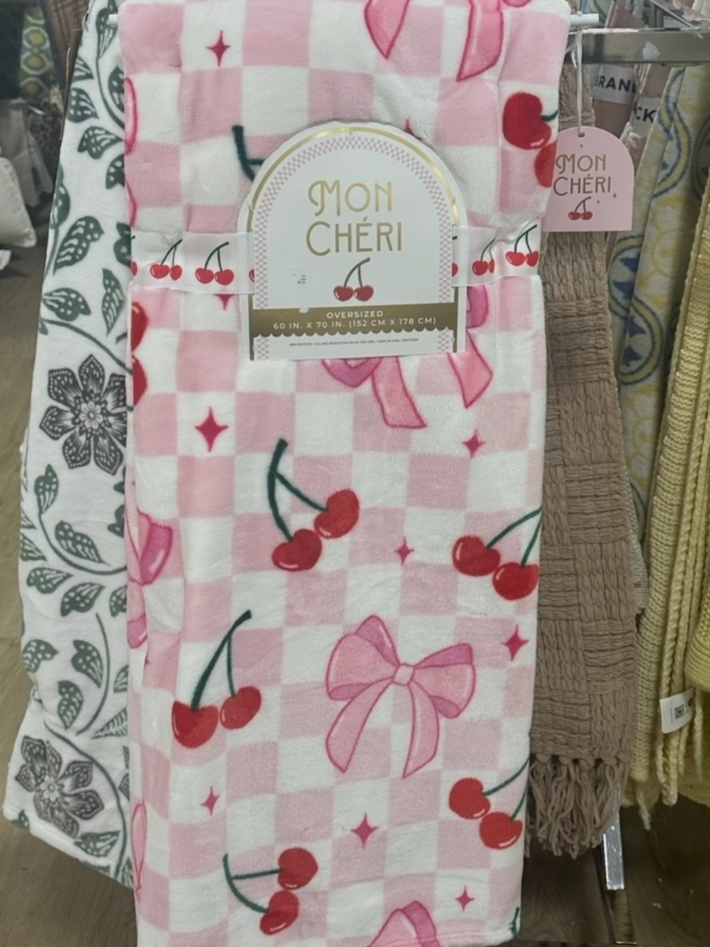 Mon Cheri Pink Cherry & Bow Checkered Plush Throw Blanket